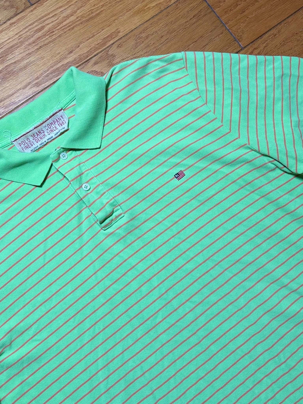 Polo Jeans Company Mens Polo Shirt Green Orange Stripe RL Flag Logo 100% Cotton